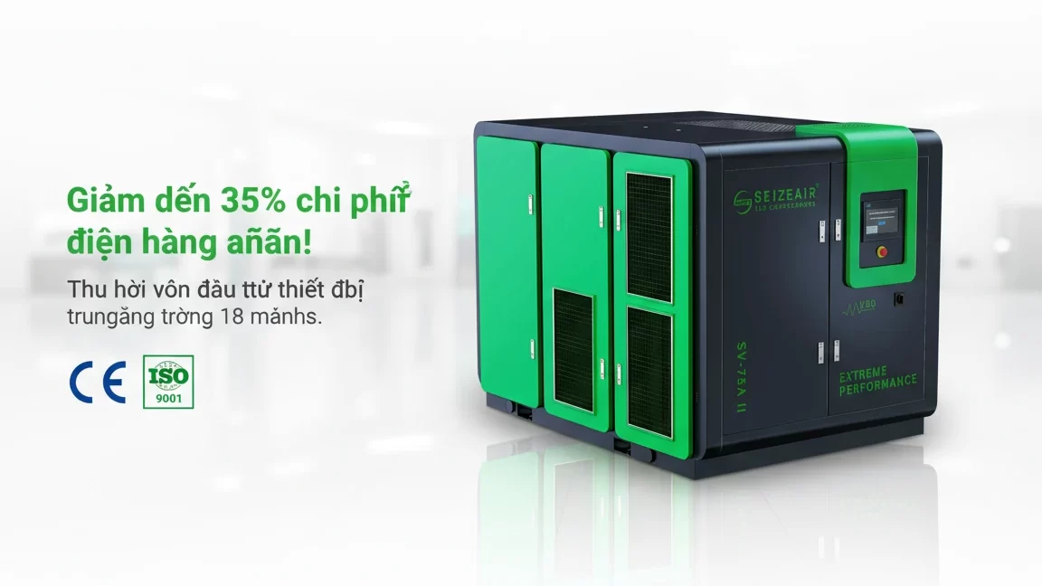 Close-up of air compressor control panel displaying real-time energy savings.