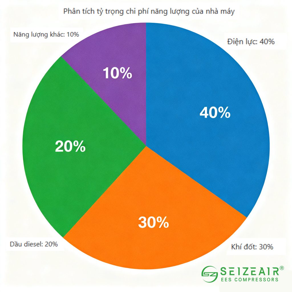 Pie chart showing compressed air system as a large portion of factory energy costs.
